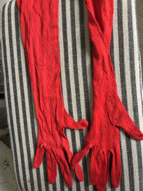 Vintage Lace Gloves Red Long Gem