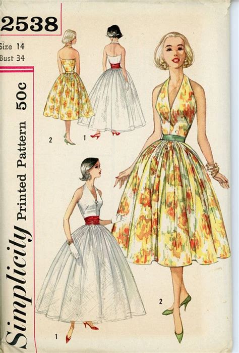 1950s Halter Dress Pattern Simplicity 2538 Misses Summer Etsy Vintage Dress Patterns