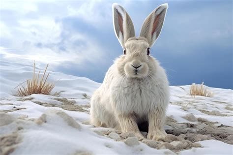 Premium Photo Cute White Rabbit Sitting On The Snow With Blue Sky