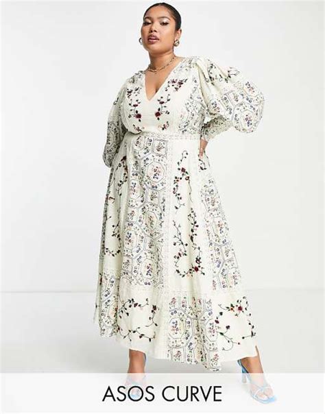 Asos Edition Curve Floral Embroidered Midi Dress With Lace Inserts Asos