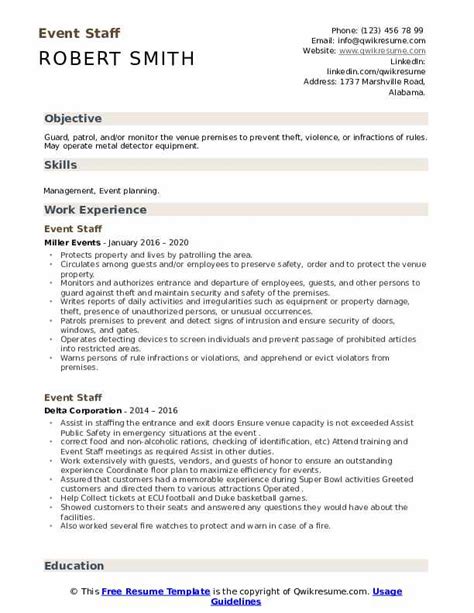 Event Staff Resume Samples Qwikresume