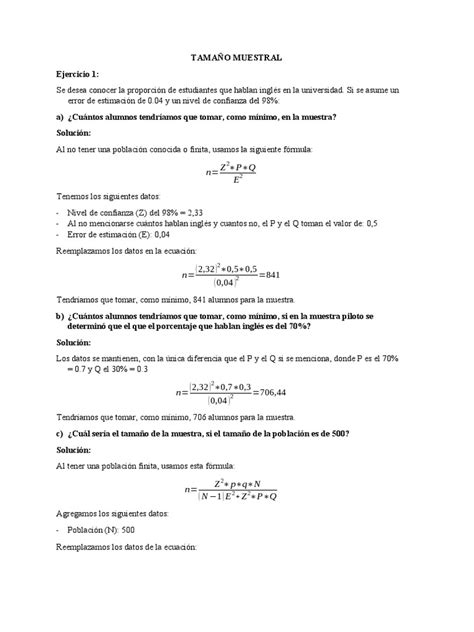 Ejercicio Tamaño Muestral Inferencial Descargar Gratis Pdf Determinación Del Tamaño De La