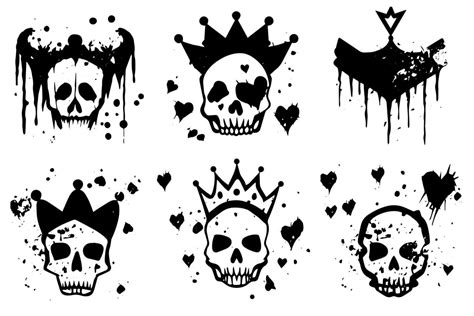 Set of hand drawn sketch grunge ink graphiti doodle scull and crown ...