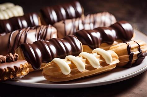 Premium AI Image | A plate of chocolate covered pastries with a white ...