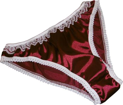 Shiny Satin Low Rise Bikini Brief Panties Burgundy Wine With Ivory Lace