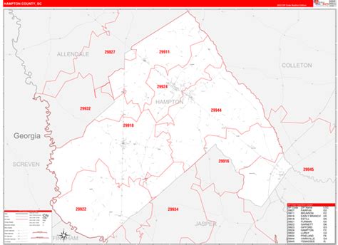 Hampton County Sc Zip Code Wall Map Red Line Style By Marketmaps Mapsales