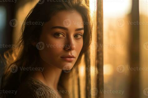 A Woman In A Close Up Shot As She Leans Against A Window Her