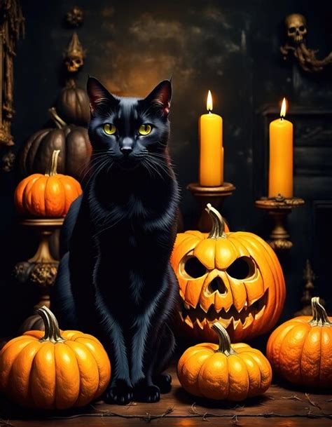 Premium Ai Image Halloween Illustration With A Black Cat And Pumpkins