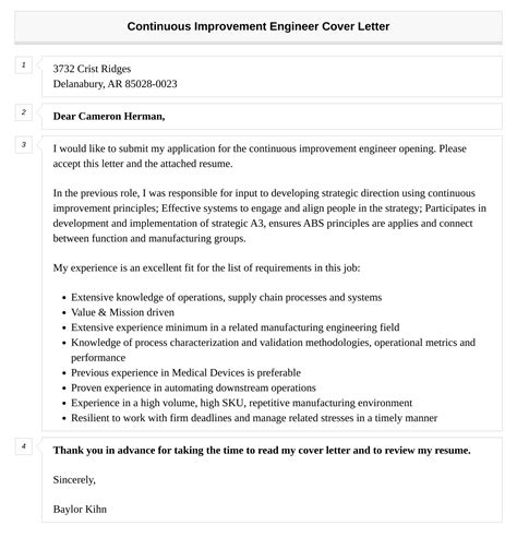 Continuous Improvement Engineer Cover Letter Velvet Jobs