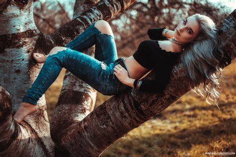 Wallpaper Torn Jeans Trees Women Outdoors Portrait Andreas