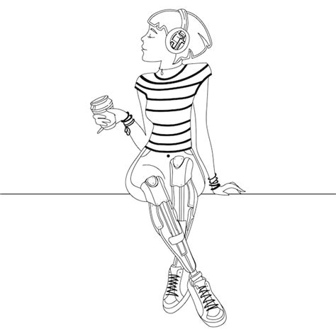 Premium Vector Happy Girl With Prosthetic Legs Drinking Coffee And Enjoying Life Line Art