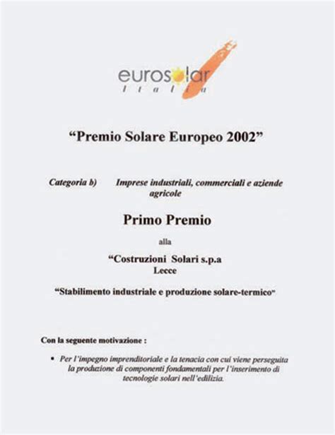 Premi E Riconoscimenti Di Costruzioni Solari Impianti Solari Termici