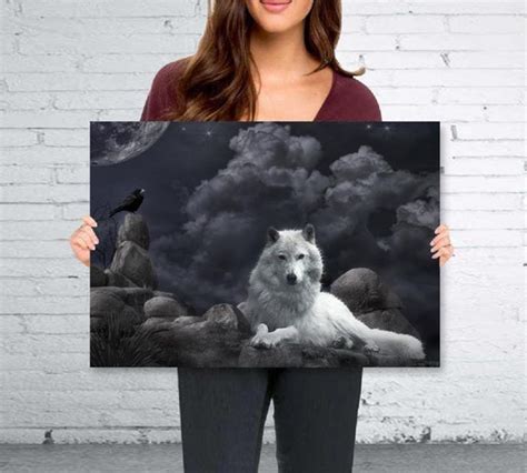 Quadro Lobo Branco e Pássaro Paisagem Sala Quarto Escritório