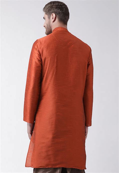 Slitted Dupion Silk Angrakha Style Kurta In Rust Mve