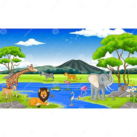 Animals Wildlife With Landscape Background Stock Illustration