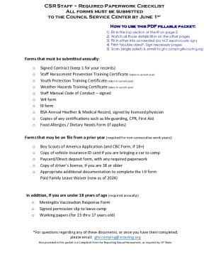 Fillable Online CSR Staff Required Paperwork Checklist Fax Email Print