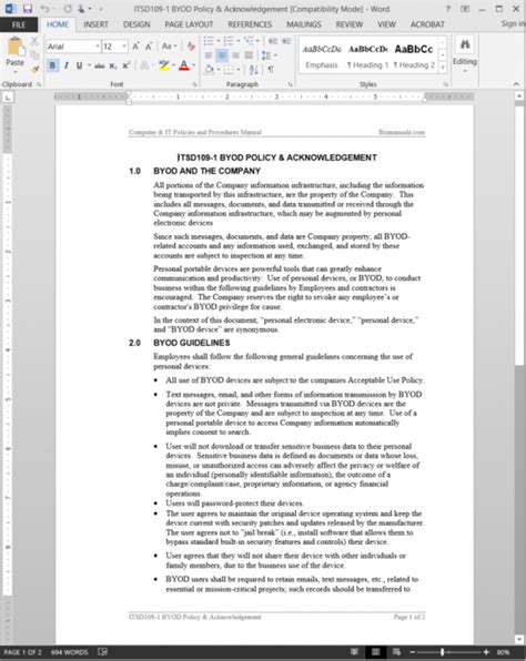 Byod Policy And Acknowledgement Template Word