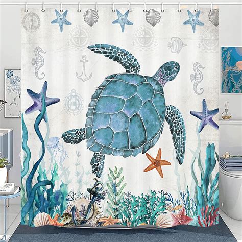 Sea Turtle Shower Curtain Nautical Beach Theme Fabric Shower Curtain