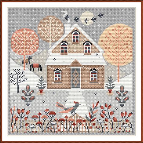 Cross Stitch Pattern PDF Winter Village Scandinavian Primit Inspire