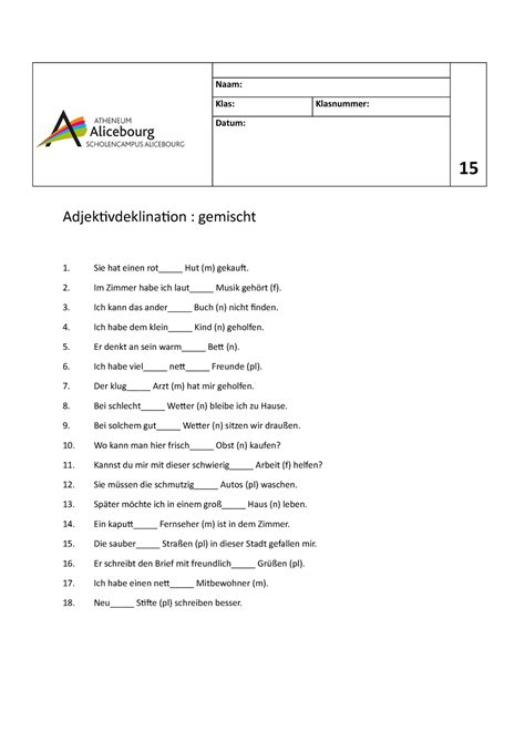 Adjektivdeklination Übungen gemischt 15 Naam Klas Klasnummer Datum