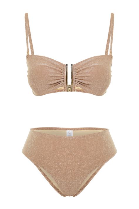 Trendyolmilla Vizon Straplez Aksesuarlı Simli Brazilian Bikini Takımı TBESS24BT00054 Fiyatı