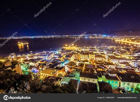 Illuminated Old Town Nafplion Greece Tiled Roofs Small Port Bourtzi ...