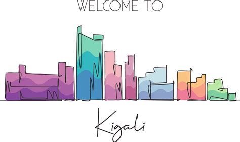 One single line drawing Kigali city skyline, Rwanda. Historical place landscape in world ...