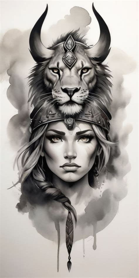 Viking Warrior Woman Lion Head Tattoo Design In 2024 Lion Head