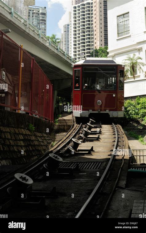 Tram Returning From The Top Of The Peak Hong Kong China Stock Photo