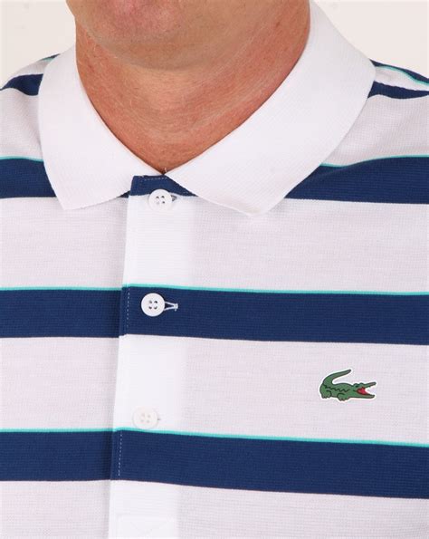 Lacoste Striped Polo Shirt White Blue Mems Polo Cotton Sport Croc