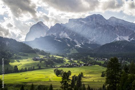 Scenic Landscape View Of Cortina D´ampezzo Alpine Village And Highest