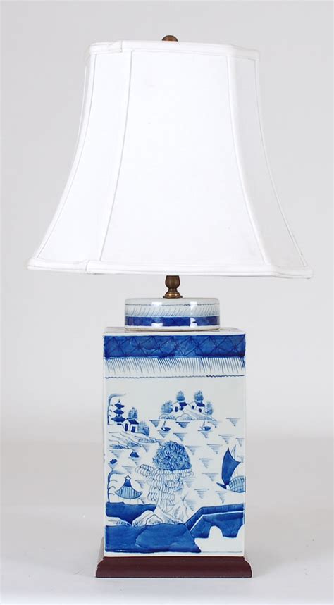 Large Chinese Pocelain Blue And White Canton Square Tea Caddy Lamp