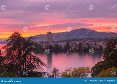 Montreux And Lake Geneva Switzerland Sunset Stock Image Image Of