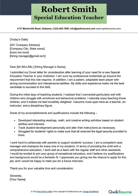 Special Education Teacher Cover Letter Examples At Getmatildablog Blog