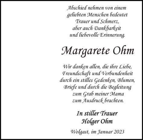 Traueranzeigen Von Margarete Ohm Trauer Anzeigen De