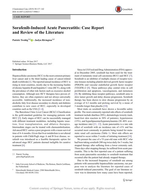 Sorafenib Induced Acute Pancreatitis Case Report And Review Of The