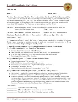 Fillable Online Troop 283 Scout Leadership Positions Den Chief Name