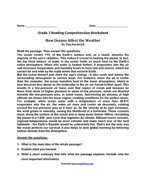 Comprehension Worksheets For Grade 7 Pdf