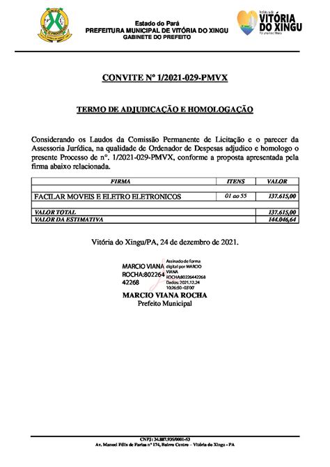 Termo De Adjudica O E Homologa O Assinado Prefeitura Municipal De