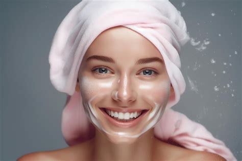 Premium Ai Image A Woman With A Pink Towel On Her Head Is Applying A Mask On Her Face