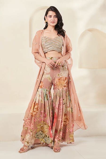 Buy Peach Sharara Chinon Printed Shell Cape Open Embroidered Set For