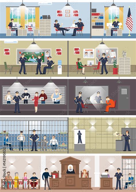 Police station interior set with rooms. Office room, witness interview room, prison cell and ...