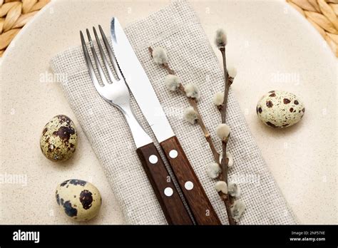 Table Setting With Easter Eggs And Pussy Willow Branches Closeup Stock Photo Alamy