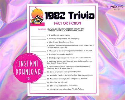 1982 Trivia 80s Pop Culture Trivia Fact or Fiction 40th - Etsy