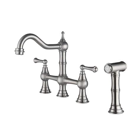 UPIKER Double Handle Bridge Kitchen Faucet With Pull Out Side Spray In