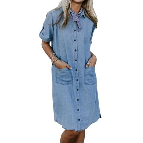 Minetom Robe T Femme De Plage R Tro Denim Robes Col V Casual Tuniques