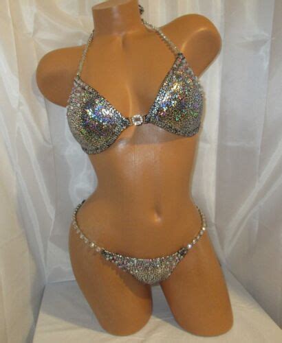 NPC COMPETITION BIKINI POSING SUIT SILVER BLACK HOLOGRAM Brand New