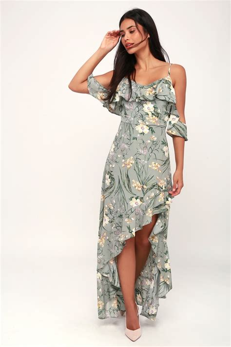 Lovely Sage Green Dress Floral Print Dress High Low Maxi Lulus