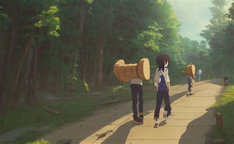 Carrying Wooden Logs Slice Of Life Anime Scene By Stable Diffusion