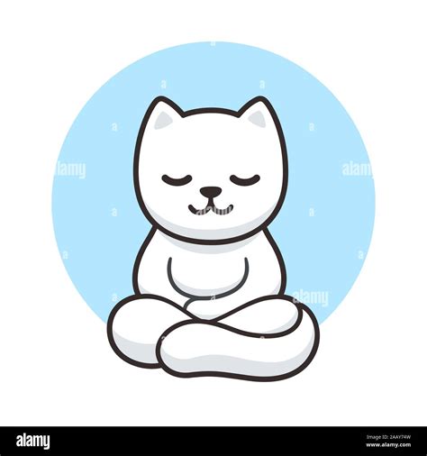 Zen cat meditation, simple cartoon drawing. Cute white cat meditating in lotus position, vector ...